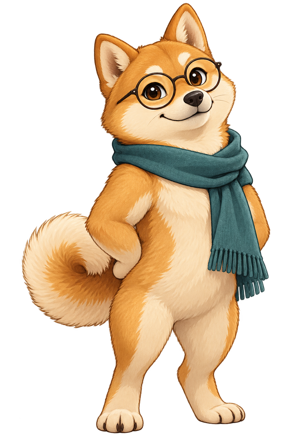 WriterDoge, a friendly golden dog wearing round glasses and a teal scarf